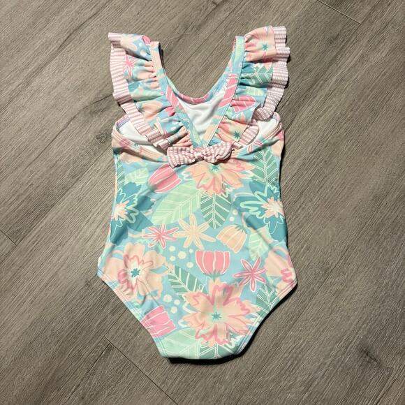 Ruffle Butts Girls 1 Piece Swimsuit Size 6 Pastel Floral Ruffle Sleeve Bow Back - Picture 3 of 8
